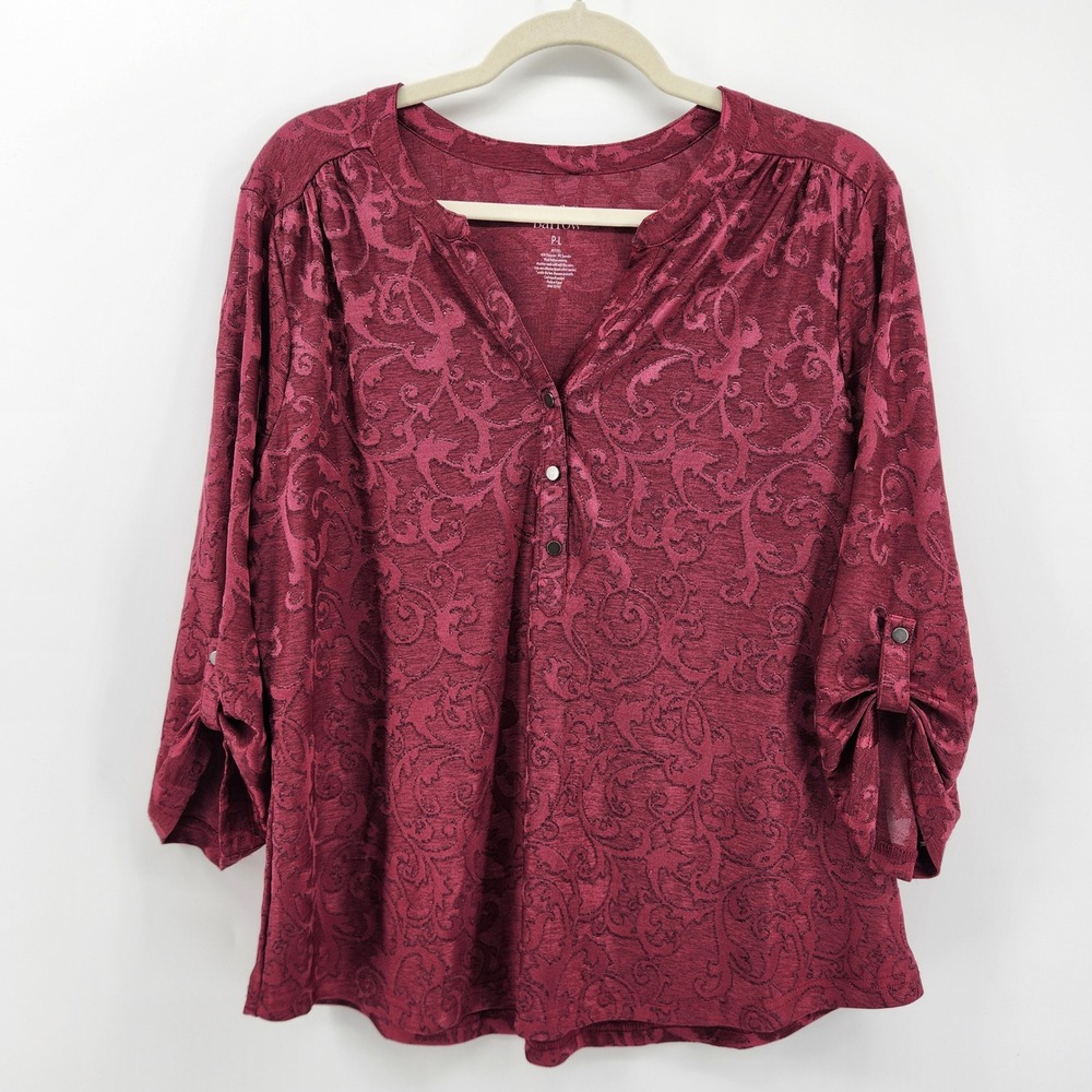 Croft & Barrow Petite Large Burgundy Burnout Scroll 3/4 Sleeve Henley Blouse